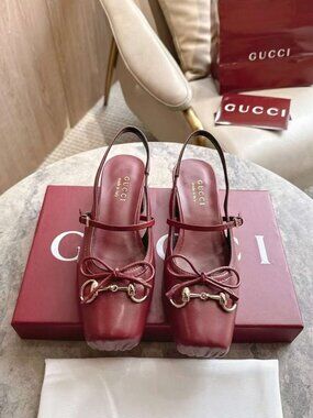 Gucci Burgundy Horsebit Bow Slingback Block‑Heel Mary Jane Shoes